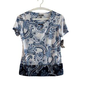 JM Collection Petite Womens Short Sleeve Top P/P Polyester Blue White Floral Kni